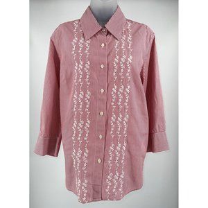 Tommy Hilfiger Ladies Red & White Button Down Top with White Embroidery Pattern
